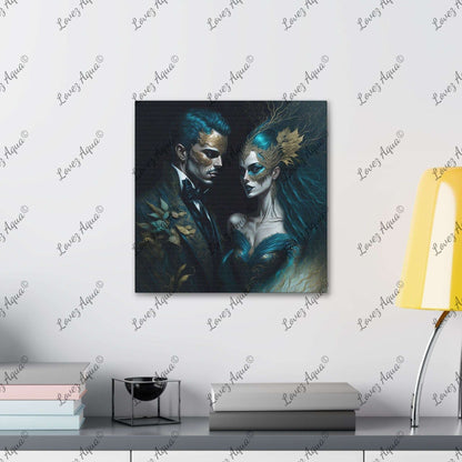 "Venetian Enchantment" Romantic Couple Aqua Masquerade Mask Painting Lovez Aqua© - Lovez Aqua© - Art & Wall Decor, Canvas, Fall Picks, Hanging Hardware, Home & Living, Indoor, Top Spring Products, Valentine's Day promotion