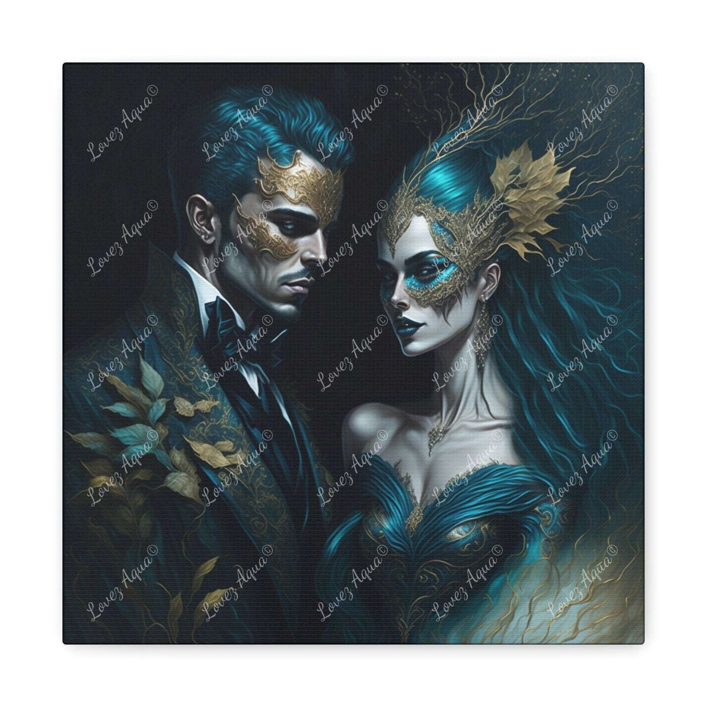 "Venetian Enchantment" Romantic Couple Aqua Masquerade Mask Painting Lovez Aqua© - Lovez Aqua© - Art & Wall Decor, Canvas, Fall Picks, Hanging Hardware, Home & Living, Indoor, Top Spring Products, Valentine's Day promotion