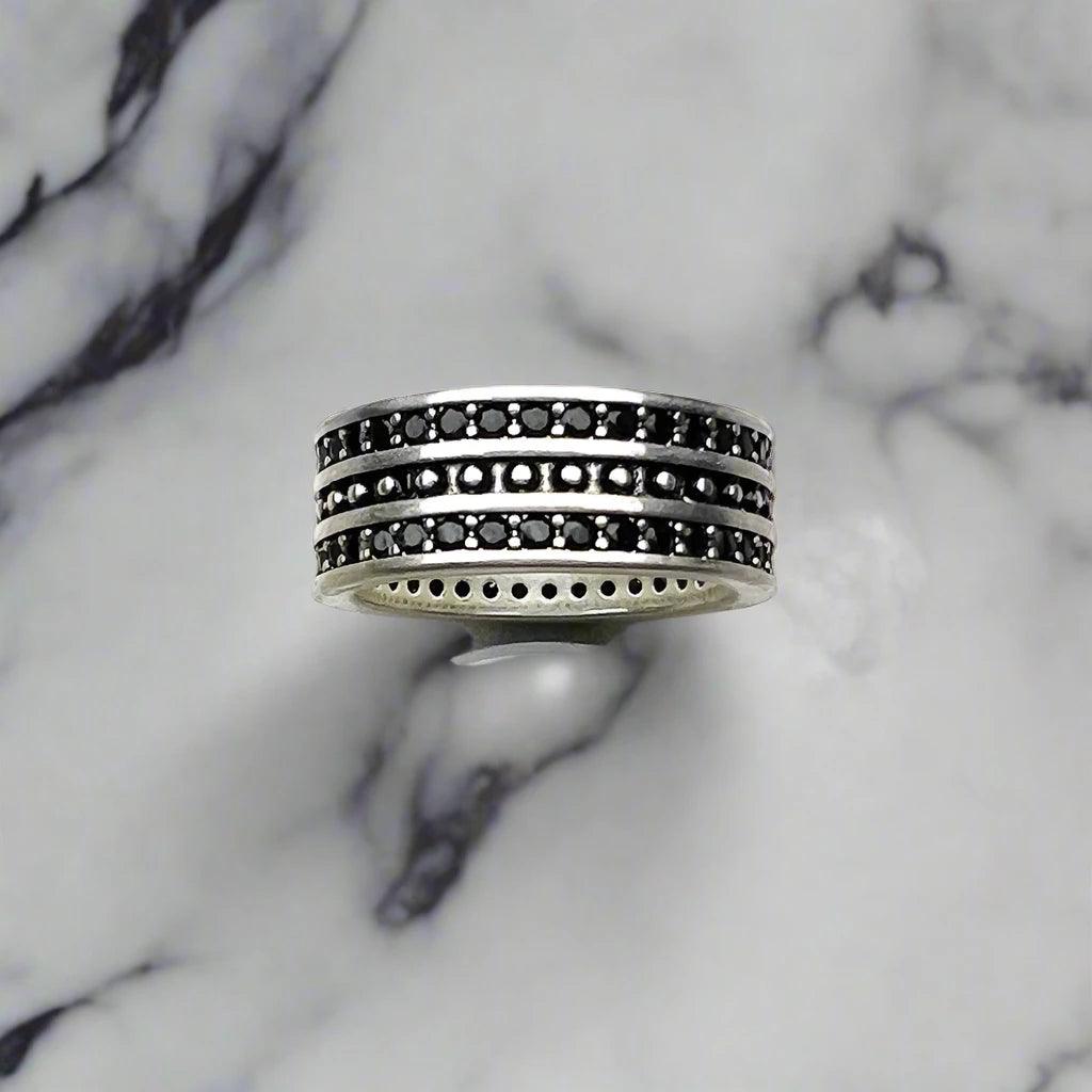 Vintage 925 Sterling Silver Unisex Pave Black Cubic Zirconia Band Ring - Lovez Aqua© - 