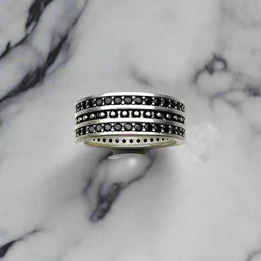 Vintage 925 Sterling Silver Unisex Pave Black Cubic Zirconia Band Ring - Lovez Aqua© - 