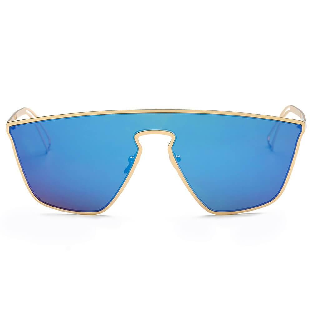 Women Square Oversized Gold-Framed Futuristic Flat Gradient Blue Lens Sunglasses - Lovez Aqua© - 