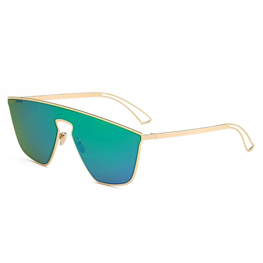 Women Square Oversized Gold-Framed Futuristic Flat Gradient Blue Lens Sunglasses - Lovez Aqua© - 