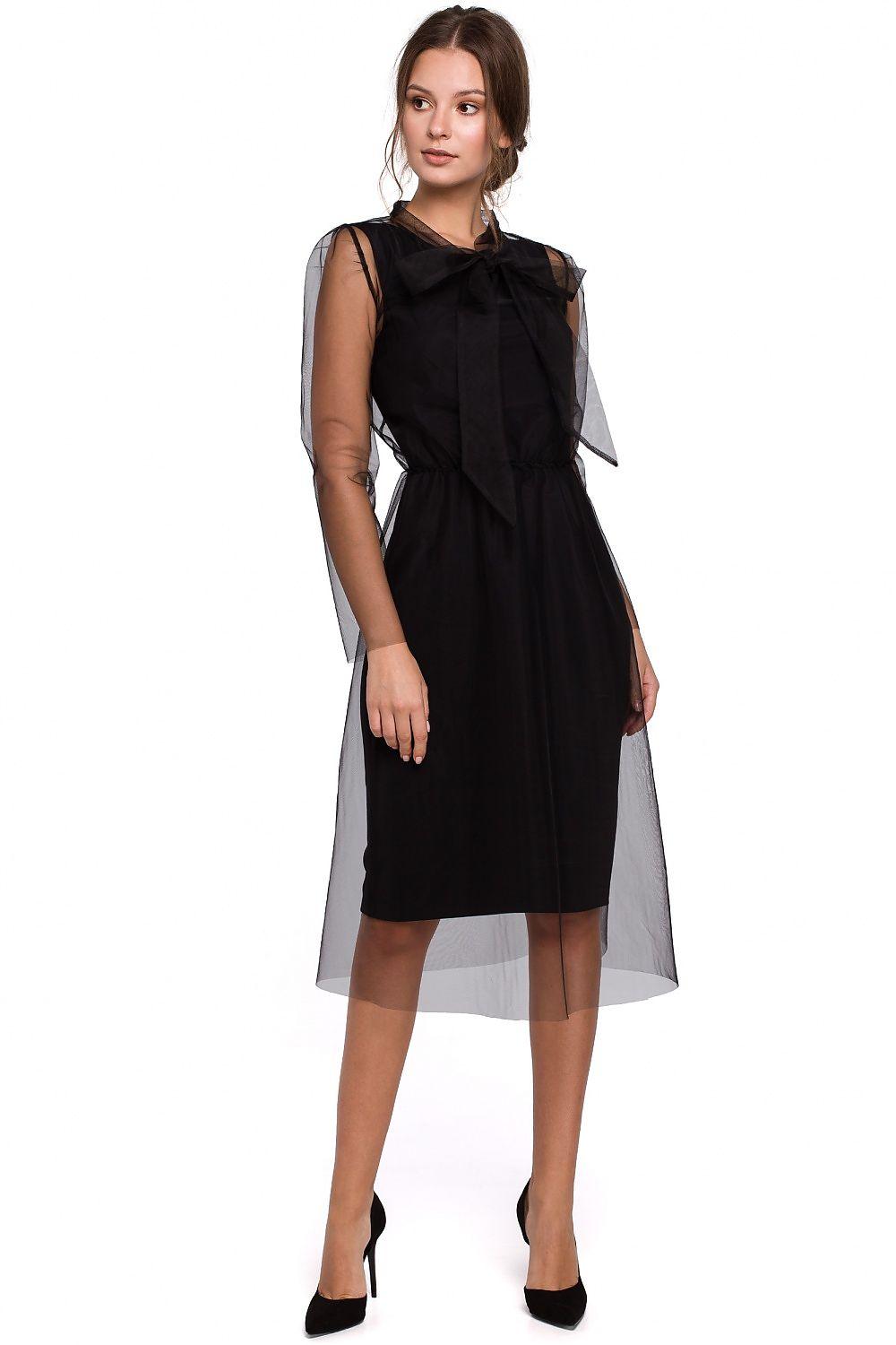 Women's A-Line Black Cocktail Dress With Sheer Overlay & Bow Accent - Lovez Aqua© - 