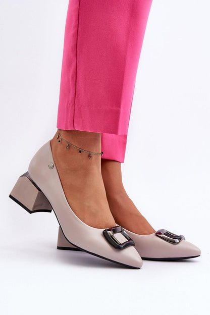 Women’s Beige Pumps with Chunky Heel, Pointed Toe & Embellished Buckle - Lovez Aqua© - 