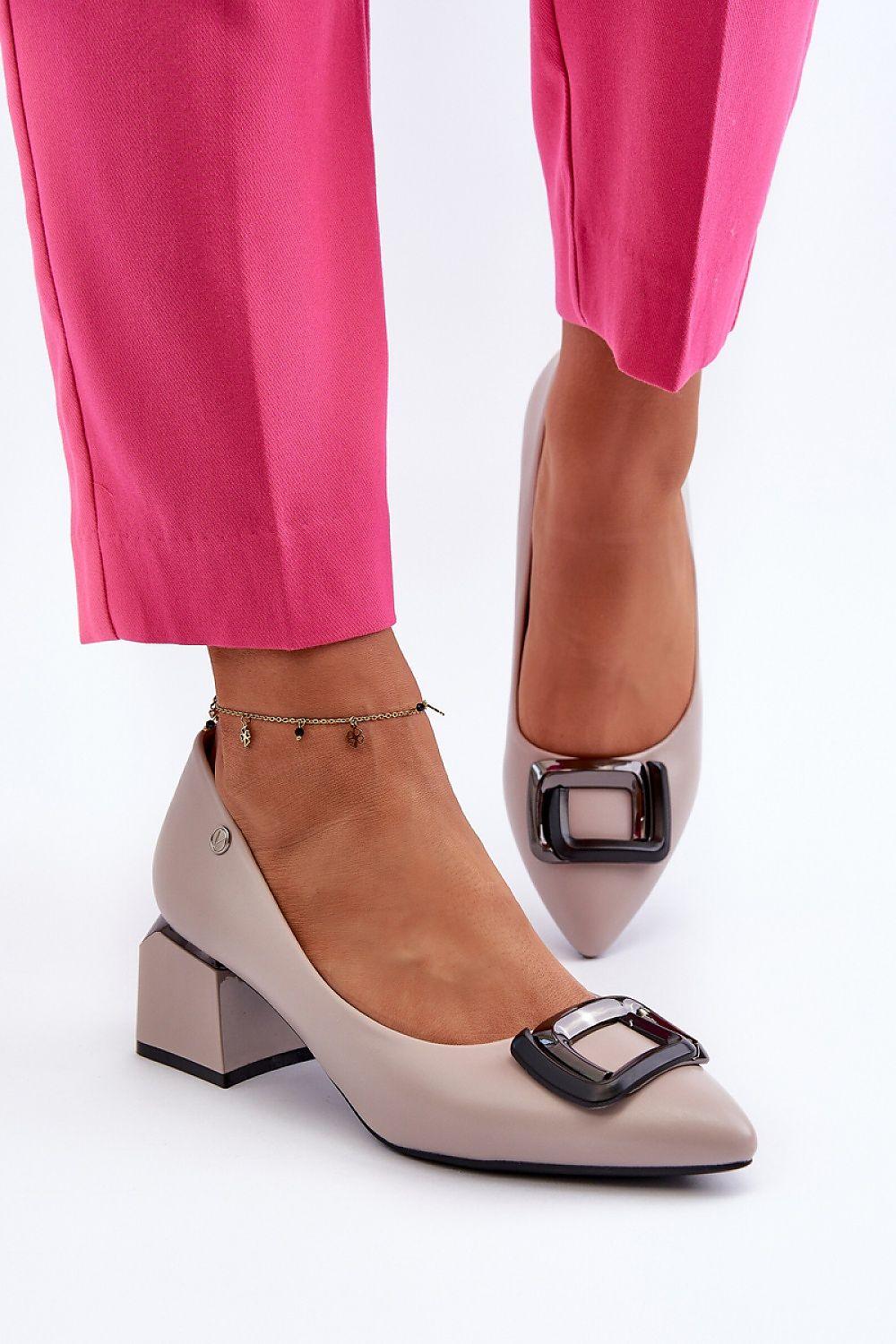 Women’s Beige Pumps with Chunky Heel, Pointed Toe & Embellished Buckle - Lovez Aqua© - 