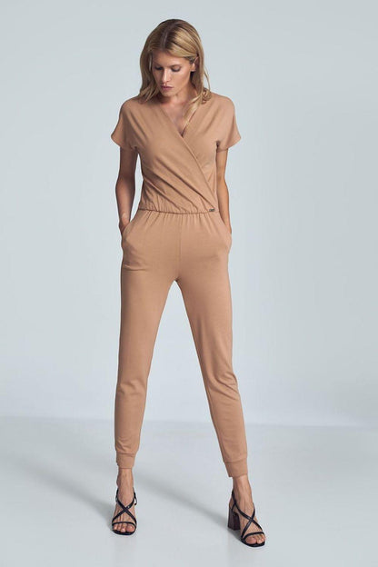 Women's Beige Short Sleeve V-Neck Jumpsuit with Cinched Waist & Tapered Legs - Lovez Aqua© - 