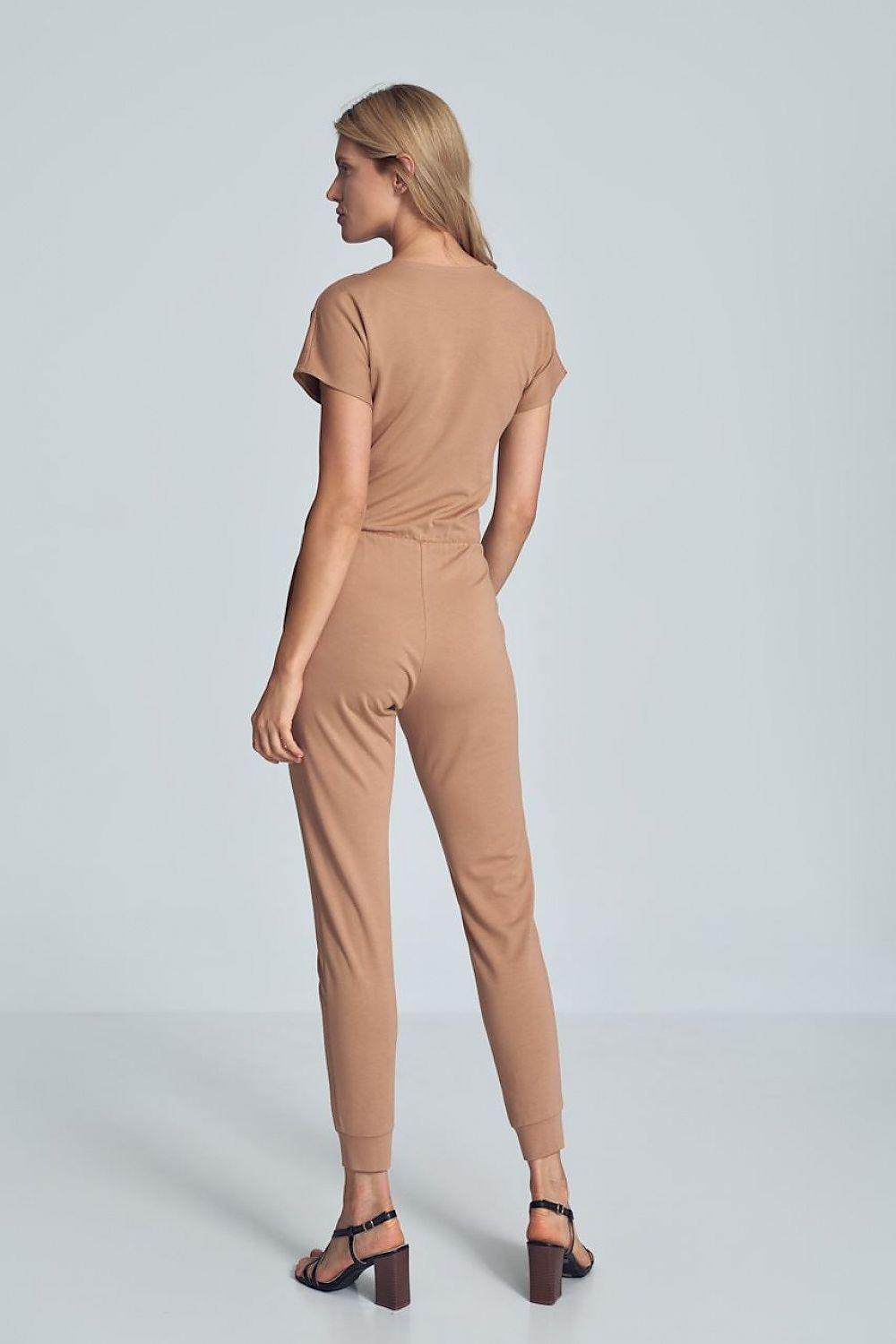 Women's Beige Short Sleeve V-Neck Jumpsuit with Cinched Waist & Tapered Legs - Lovez Aqua© - 