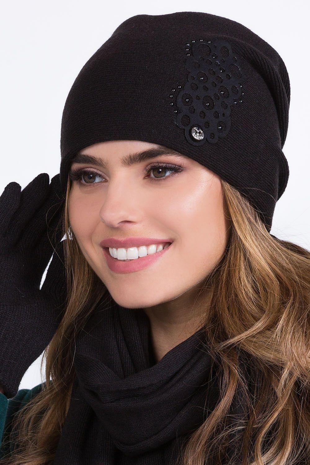 Women's Black Beanie with Rhinestone Stud Embellishments - Lovez Aqua© - 