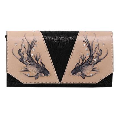 Women's Black & Beige Oriental Koi Fish Crossbody Clutch Wallet - Lovez Aqua© - 