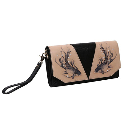 Women's Black & Beige Oriental Koi Fish Crossbody Clutch Wallet - Lovez Aqua© - 