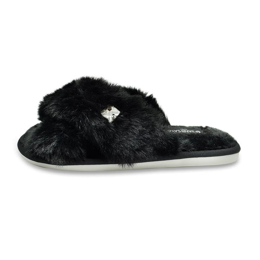 Women's Black Faux Fur Studded Crystal Embellished Slippers - Lovez Aqua© - 