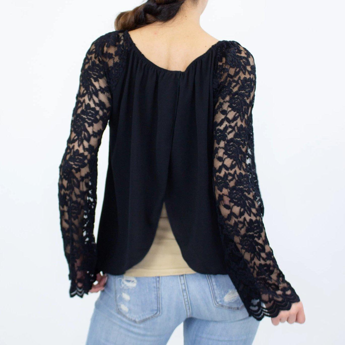 Women's Black Lace Backless Top With Long Sleeves - Lovez Aqua© - 