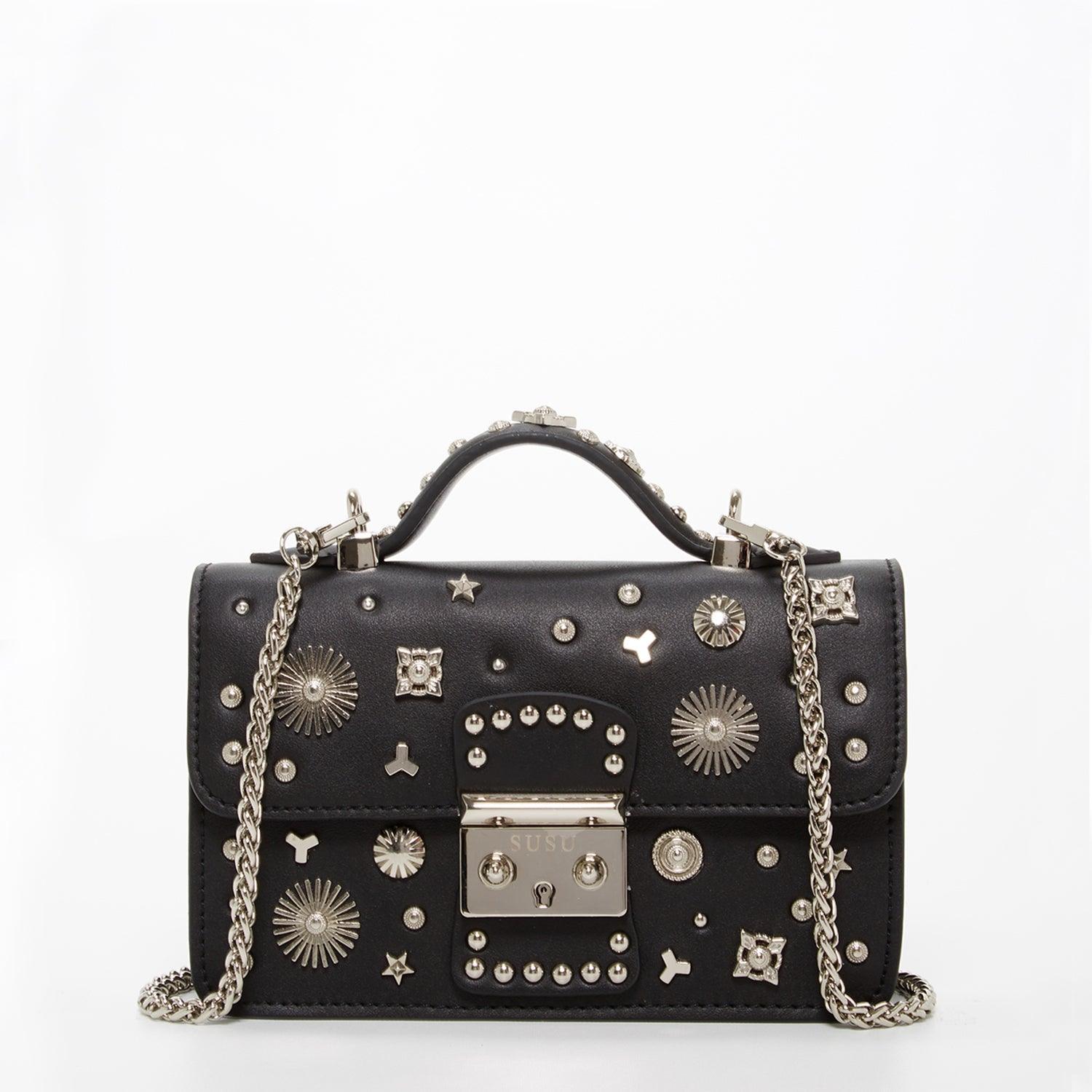 Women's Black Leather Crossbody Bag with Silver Studs & Chain Strap - Lovez Aqua© - 