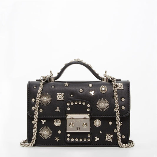 Women's Black Leather Crossbody Bag with Silver Studs & Chain Strap - Lovez Aqua© - 