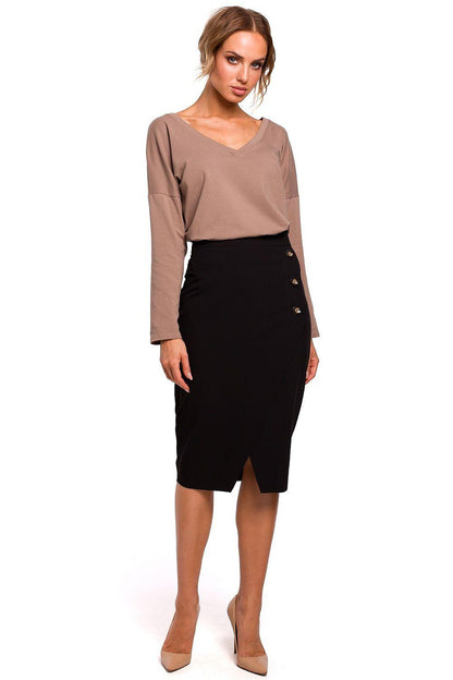 Women's Black Overlap Pencil Skirt with Gold Button Accents - Lovez Aqua© - 