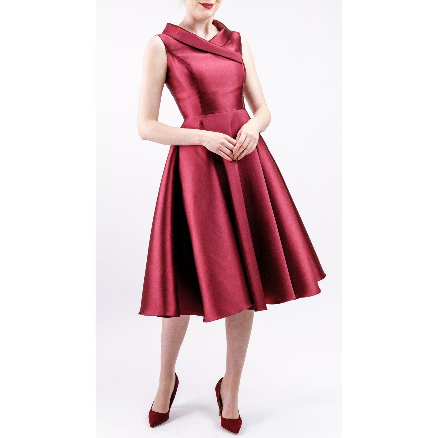 Women's Burgundy/Navy Asymmetrical Knee-Length Cocktail Dress With Flared Skirt - Lovez Aqua© - 