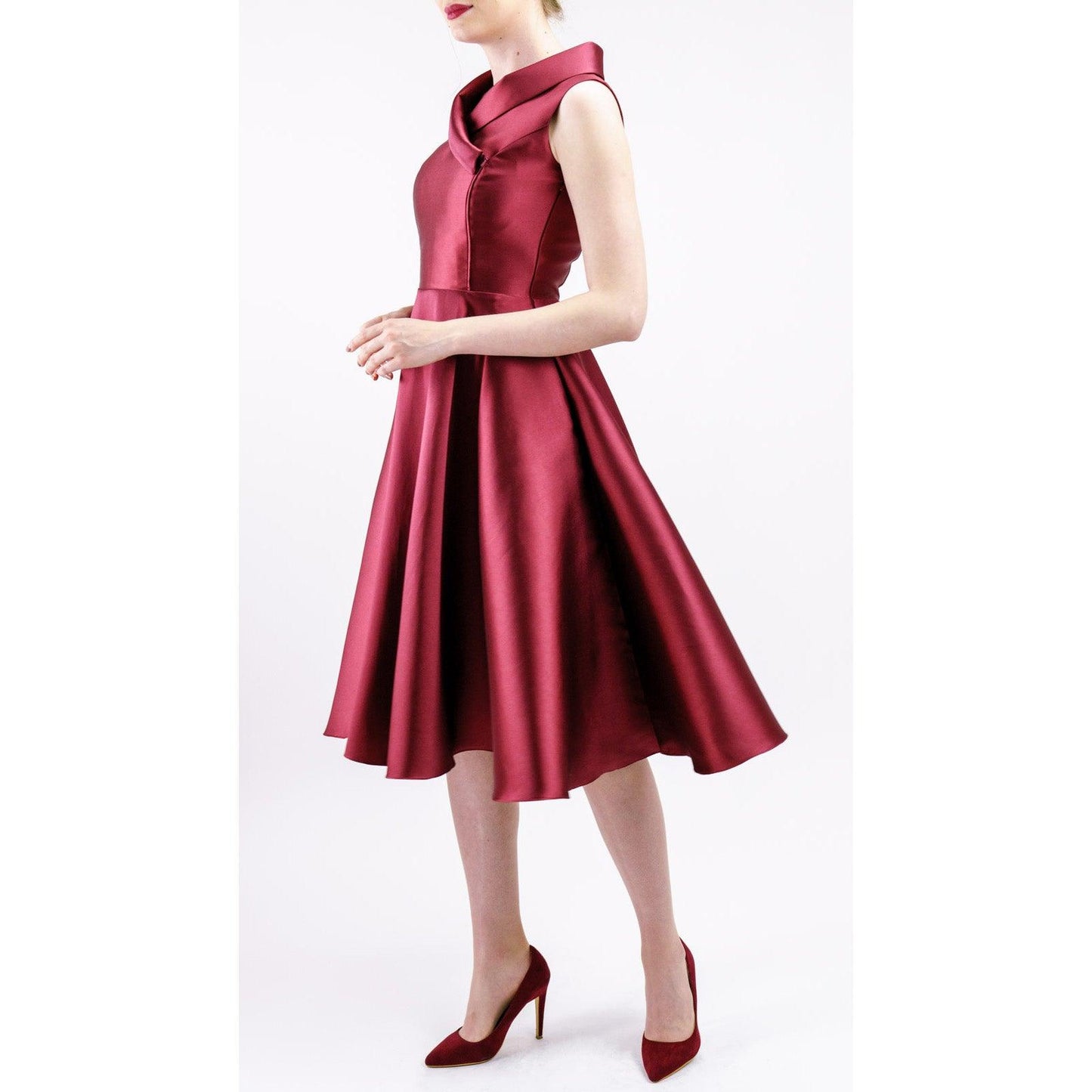 Women's Burgundy/Navy Asymmetrical Knee-Length Cocktail Dress With Flared Skirt - Lovez Aqua© - 