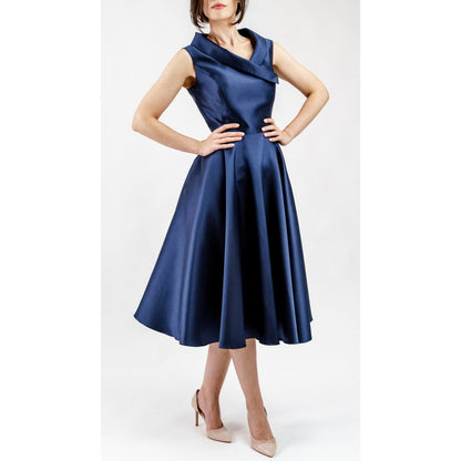 Women's Burgundy/Navy Asymmetrical Knee-Length Cocktail Dress With Flared Skirt - Lovez Aqua© - 