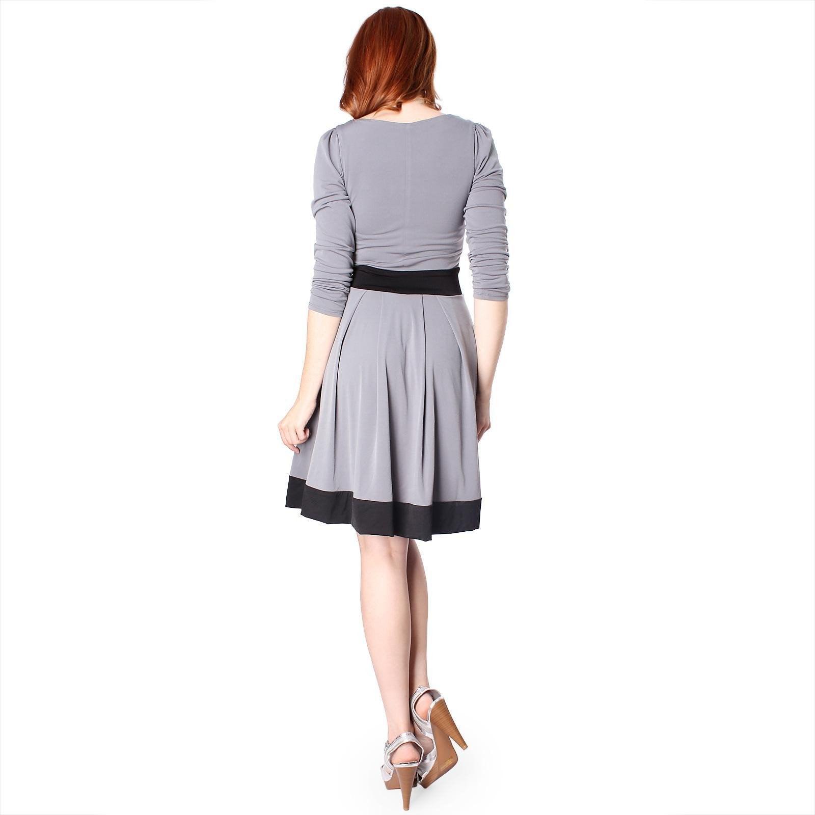 Women's Casual Two Tone Gray Long Sleeve Knee-Length A Line Day Dress - Lovez Aqua© - 