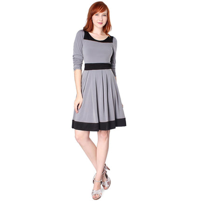 Women's Casual Two Tone Gray Long Sleeve Knee-Length A Line Day Dress - Lovez Aqua© - 