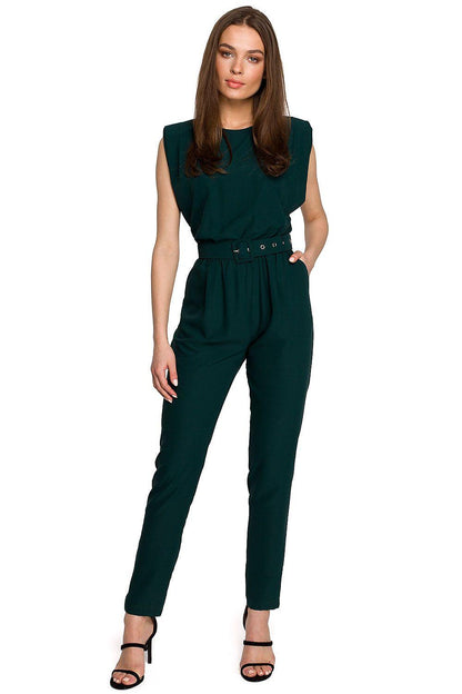 Women's Dark Green Sleeveless Jumpsuit With Belted Waist & Tapered Legs - Lovez Aqua© - 