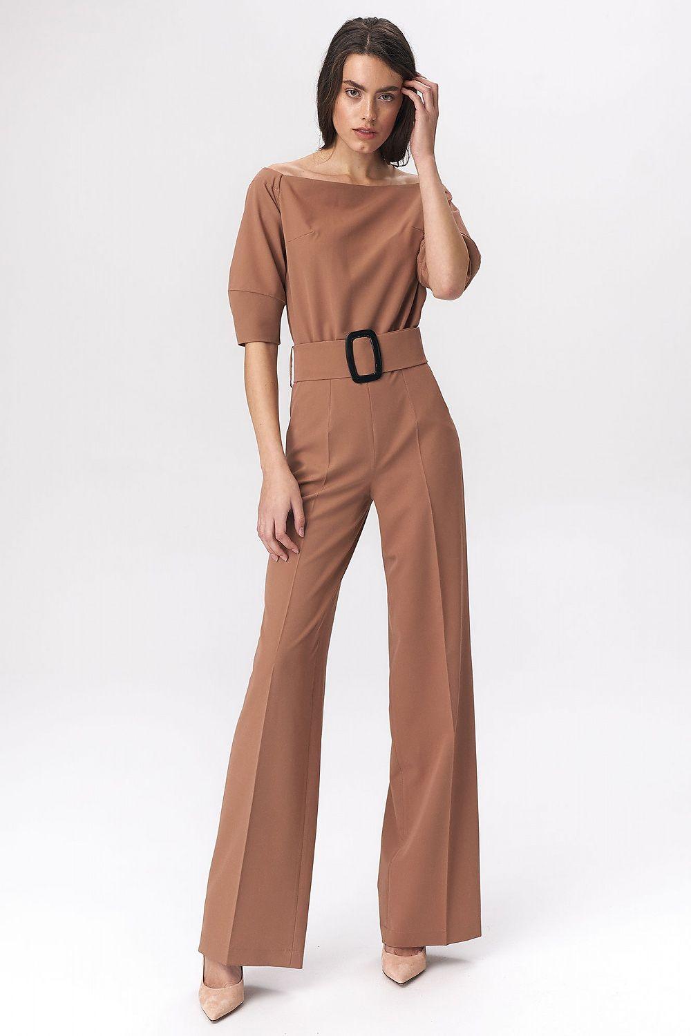 Women's Elegant Camel Brown Belted Jumpsuit with Short Sleeves & Wide-Leg Pants - Lovez Aqua© - 