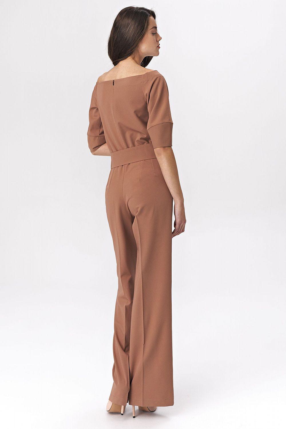 Women's Elegant Camel Brown Belted Jumpsuit with Short Sleeves & Wide-Leg Pants - Lovez Aqua© - 