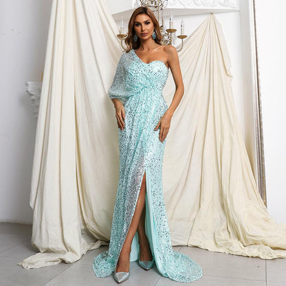 Women's Elegant One-Shoulder Sequined Evening Gown With Thigh-High Slit - Lovez Aqua© - 