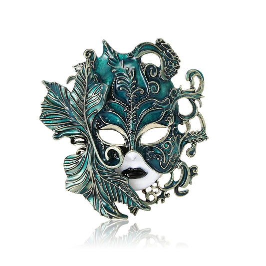 Women's Engraved Fantasy Venetian Masquerade Mask Brooch Pin - Lovez Aqua© - 