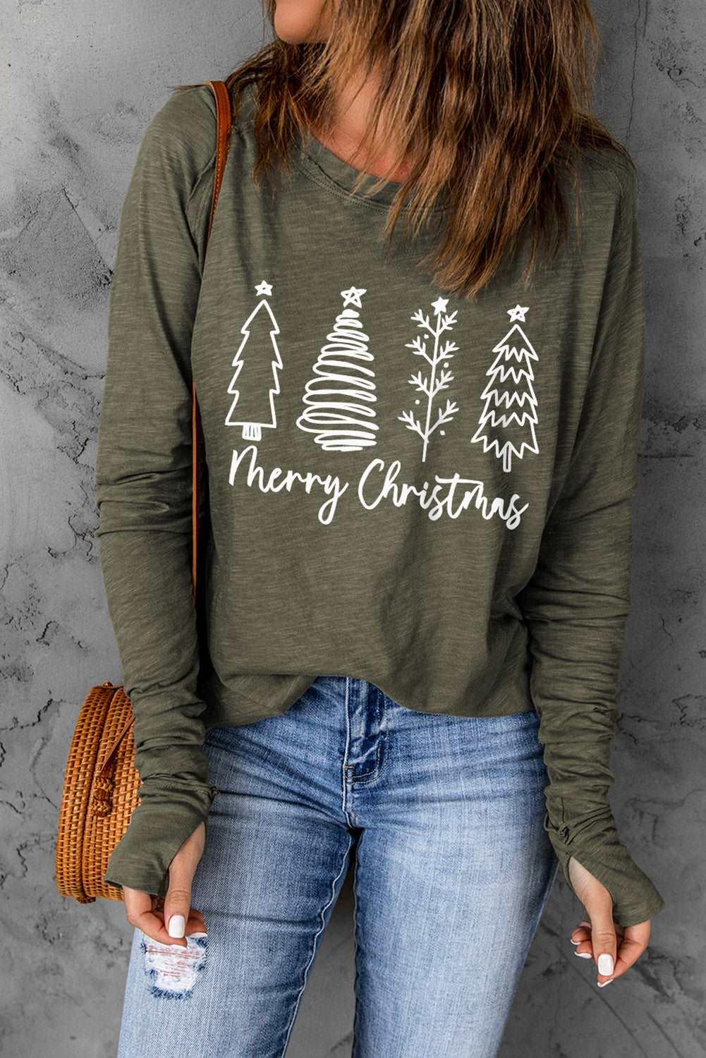 Women's Festive "Merry Christmas" Trees Graphic Tee With Thumbhole Sleeve - Lovez Aqua© - 