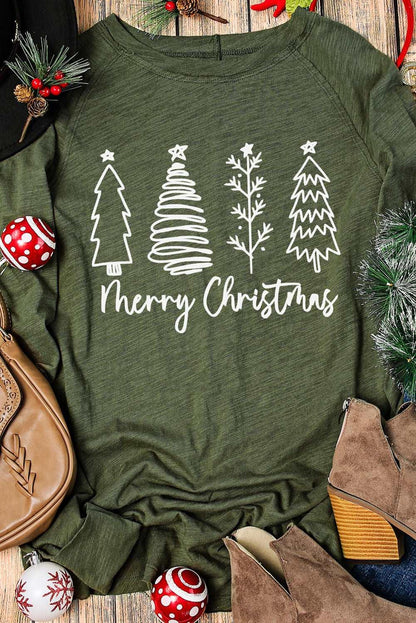 Women's Festive "Merry Christmas" Trees Graphic Tee With Thumbhole Sleeve - Lovez Aqua© - 