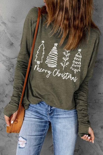 Women's Festive "Merry Christmas" Trees Graphic Tee With Thumbhole Sleeve - Lovez Aqua© - 