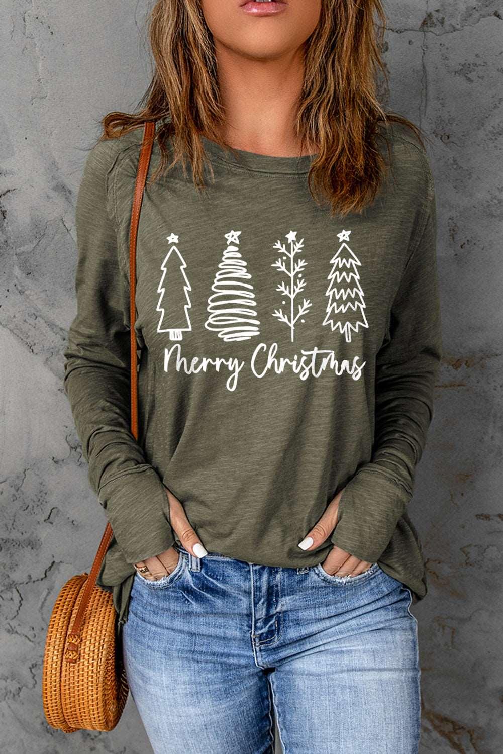 Women's Festive "Merry Christmas" Trees Graphic Tee With Thumbhole Sleeve - Lovez Aqua© - 