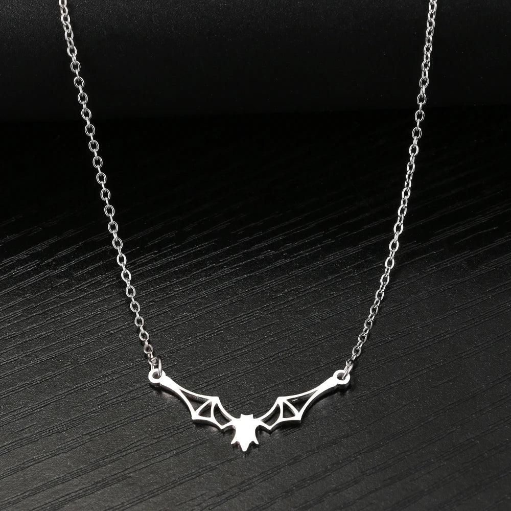 Women's Gothic Hollow Cutout Stainless Steel Bat Pendant Necklace - Lovez Aqua© - 