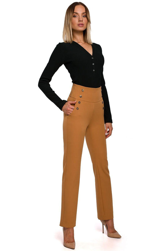 Women's High-Waisted Mustard Pants With Stylish Button Details - Lovez Aqua© - 