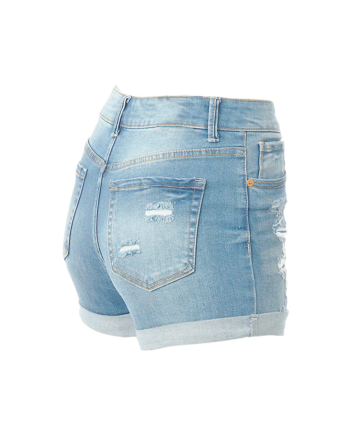 Women’s Junior Fit Classic Blue Mid Rise Distressed Denim Frayed Shorts - Lovez Aqua© - 