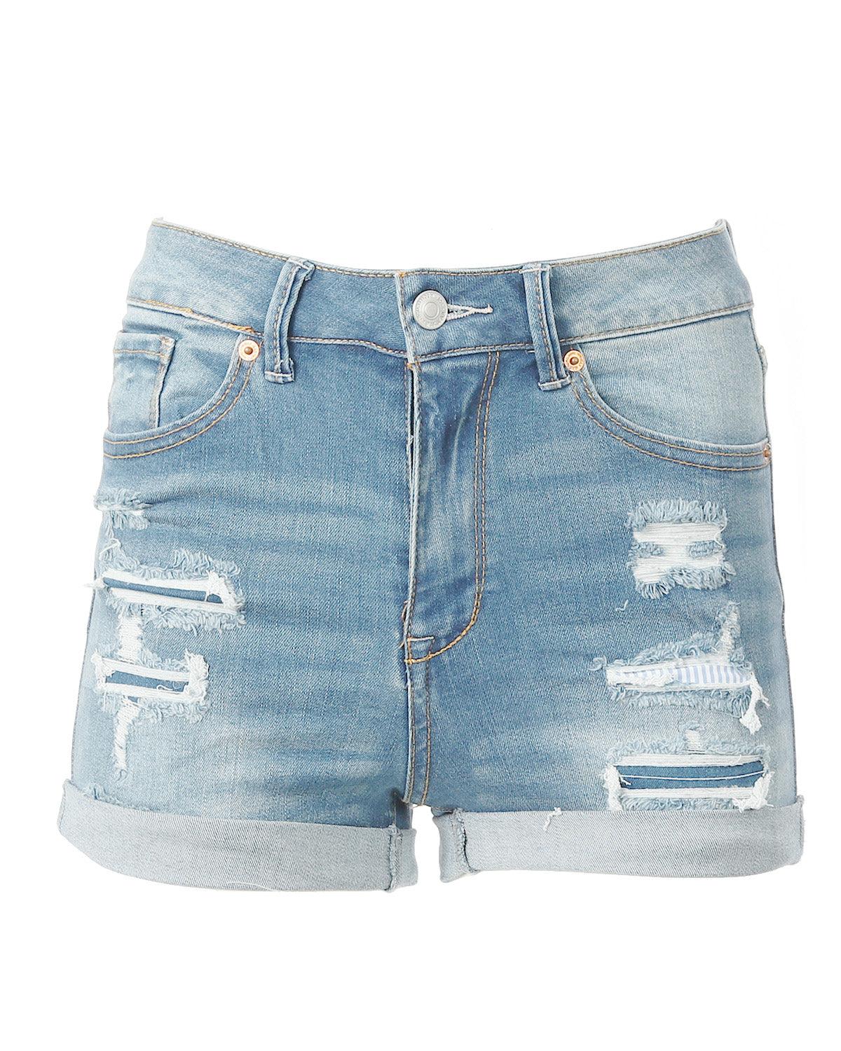 Women’s Junior Fit Classic Blue Mid Rise Distressed Denim Frayed Shorts - Lovez Aqua© - 