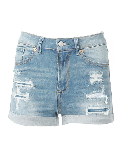 Women’s Junior Fit Classic Blue Mid Rise Distressed Denim Frayed Shorts - Lovez Aqua© - 