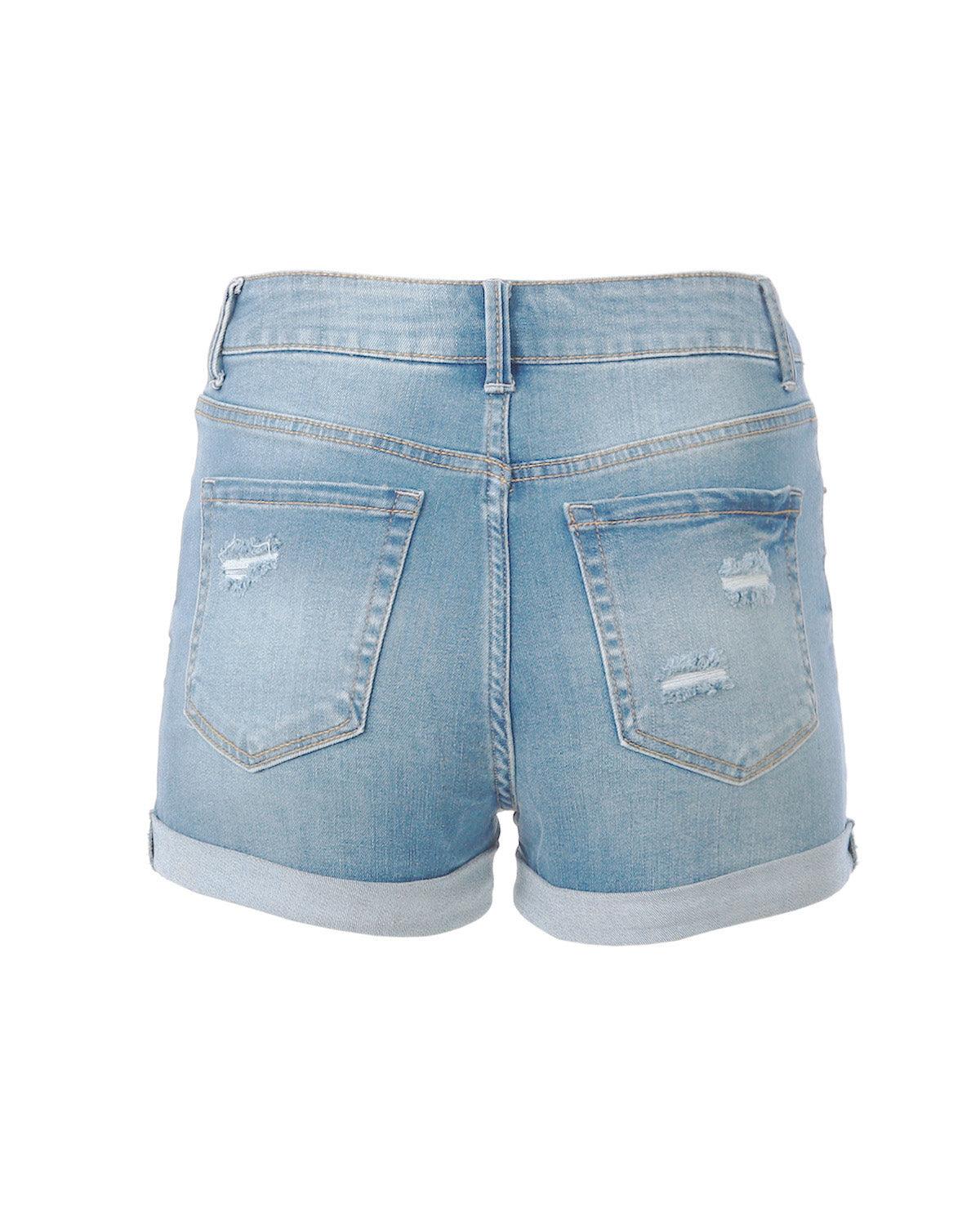 Women’s Junior Fit Classic Blue Mid Rise Distressed Denim Frayed Shorts - Lovez Aqua© - 