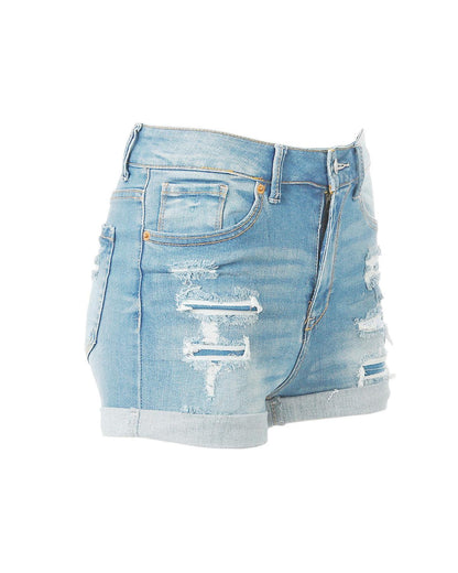 Women’s Junior Fit Classic Blue Mid Rise Distressed Denim Frayed Shorts - Lovez Aqua© - 