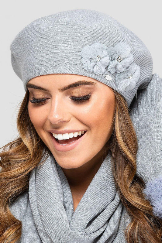 Women's Light Gray Woolen Beret with Floral Appliqué & Rhinestone Detailing - Lovez Aqua© - 