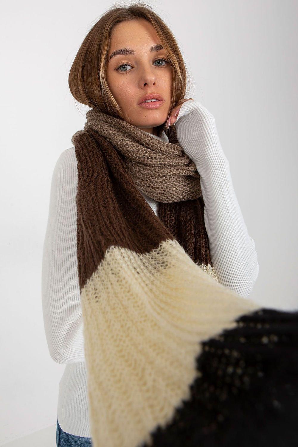 Women's Luxurious Brown, Beige & Black Tri-Color Knitted Shawl - Lovez Aqua© - 