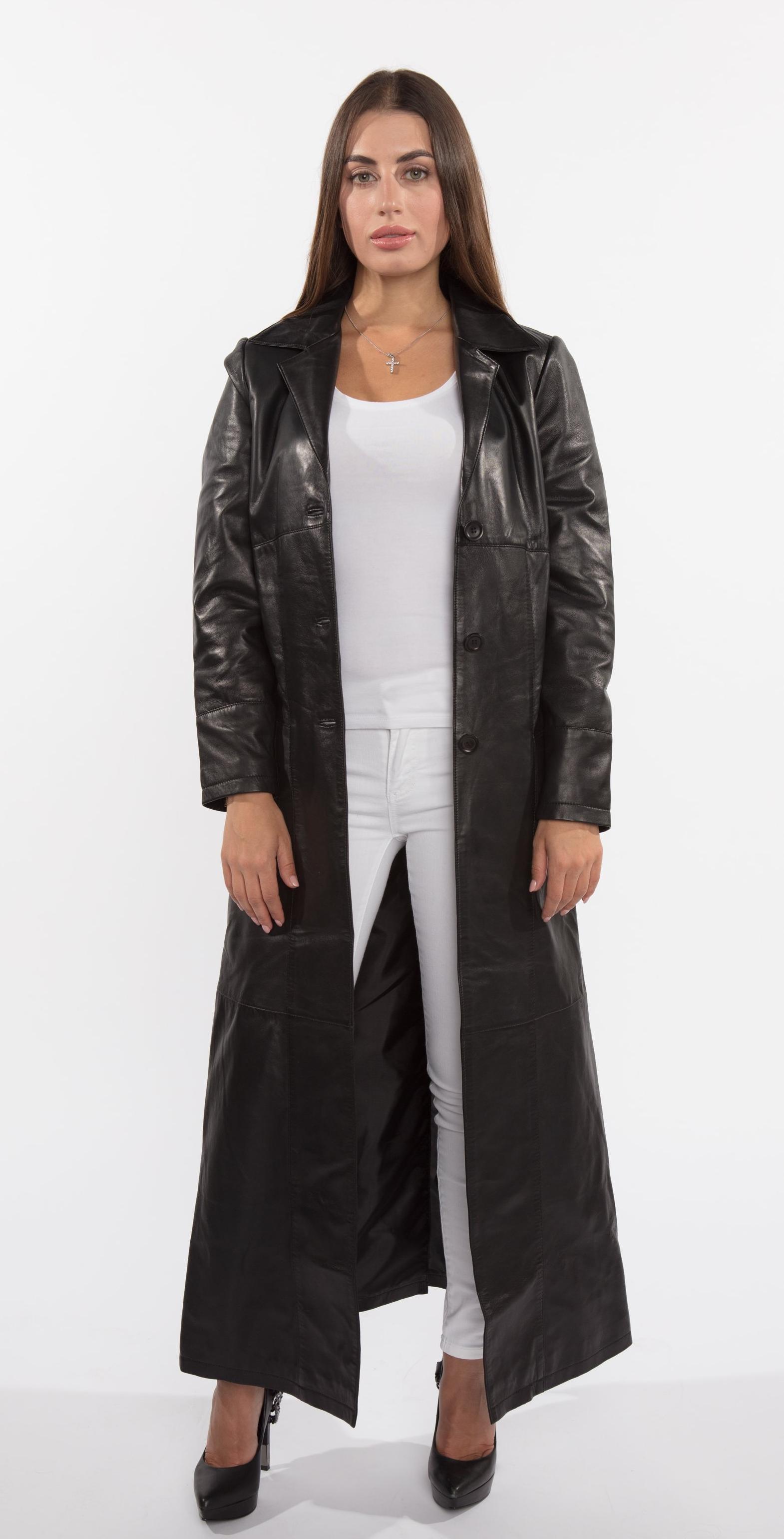 Women's Matrix-Inspired Black Three Button Full Length Lambskin Leather Coat - Lovez Aqua© - 