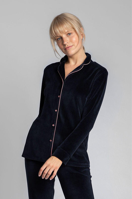 Women's Navy Blue Soft Velour Pajama Shirt With Collar & Pink Lining - Lovez Aqua© - 