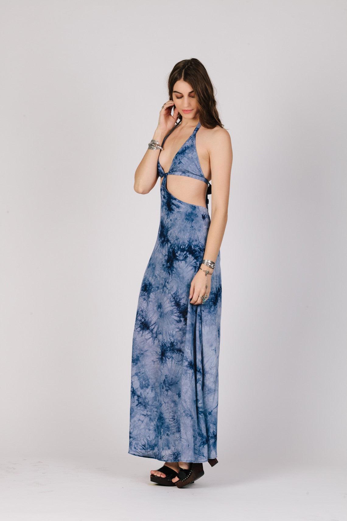 Women's Ocean Blue Print Halter Style Maxi Dress - Lovez Aqua© - 