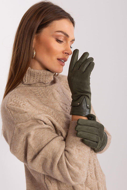 Women’s Olive Green Genuine Leather & Suede Winter Touchscreen Compatible Gloves - Lovez Aqua© - 