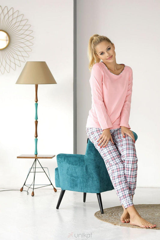 Women's Pink Long Sleeve Pajama Top & Checkered Pattern Trouser Bottoms - Lovez Aqua© - 