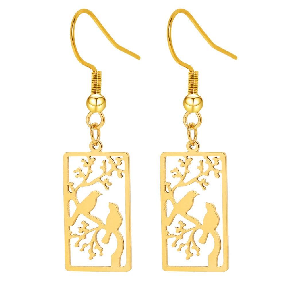 Women's Rectangle Hollow Cutout Bird Tree Branch Stainless Steel Earrings - Lovez Aqua© - 