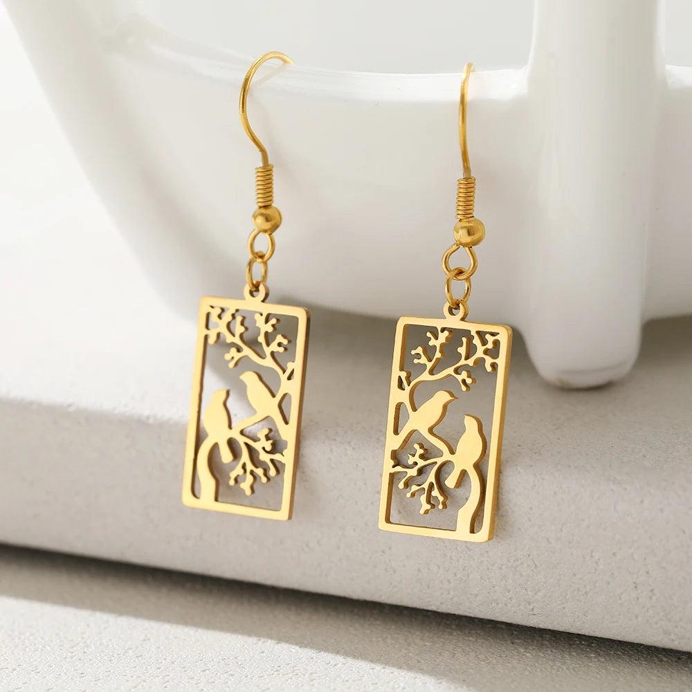 Women's Rectangle Hollow Cutout Bird Tree Branch Stainless Steel Earrings - Lovez Aqua© - 