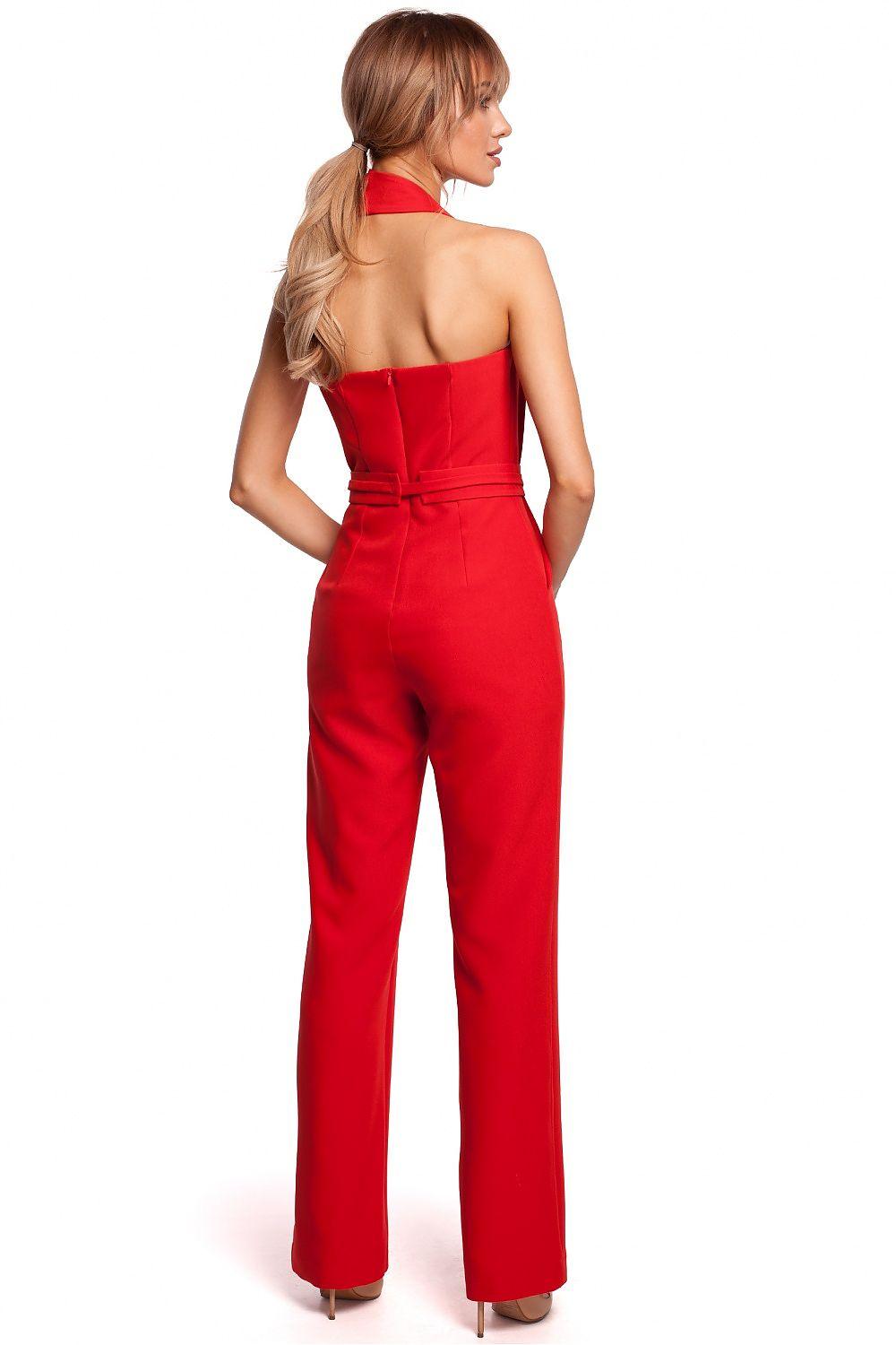 Women's Red Halter Neck Jumpsuit With Asymmetrical Neckline & Open Back - Lovez Aqua© - 